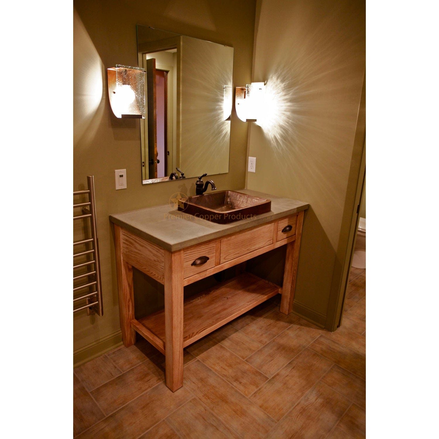 19" Rectangle Skirted Vessel Hammered Copper Sink alt 0