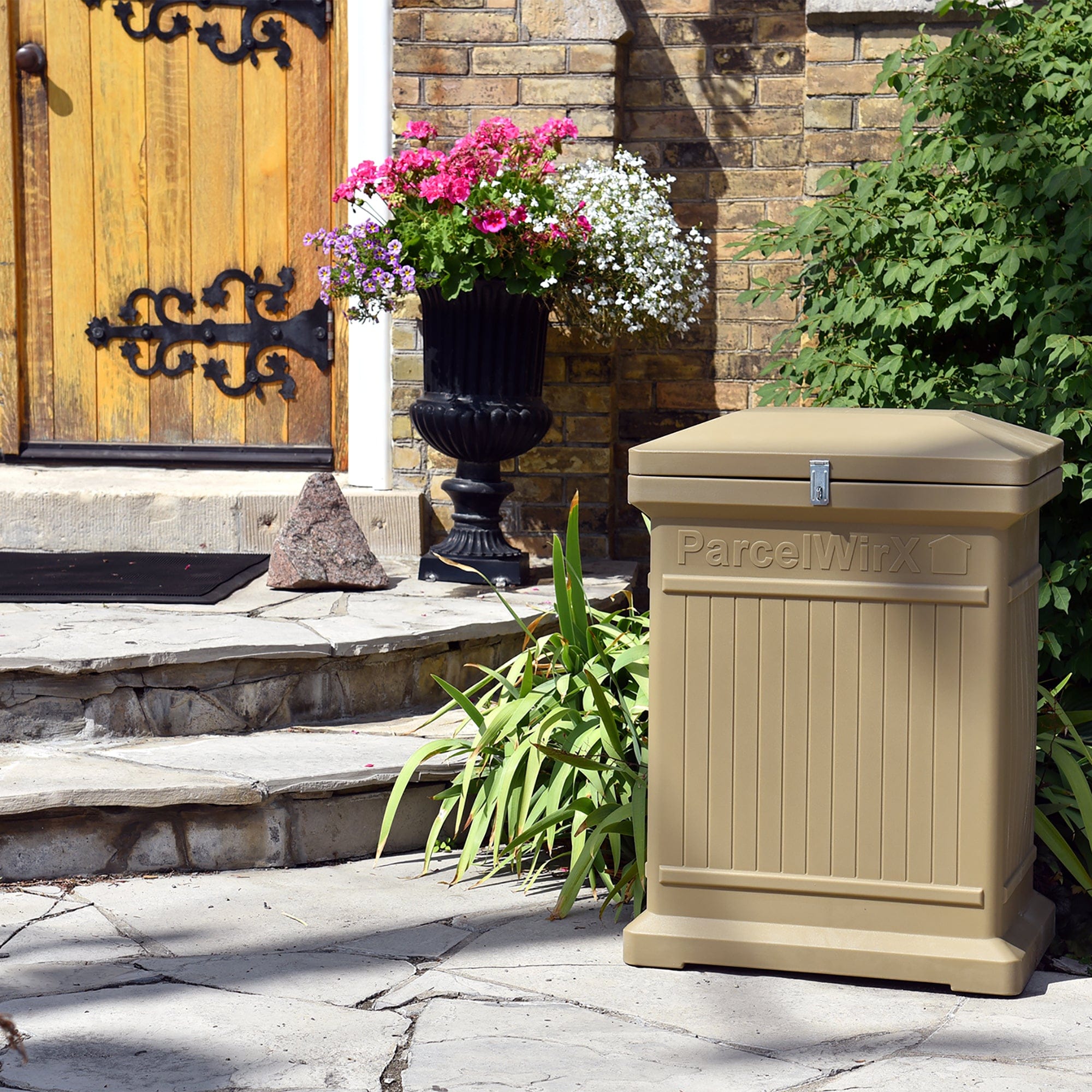 ParcelWirx Premium Vertical Lockable Package Delivery Box with Hinged Lid Oak alt 0