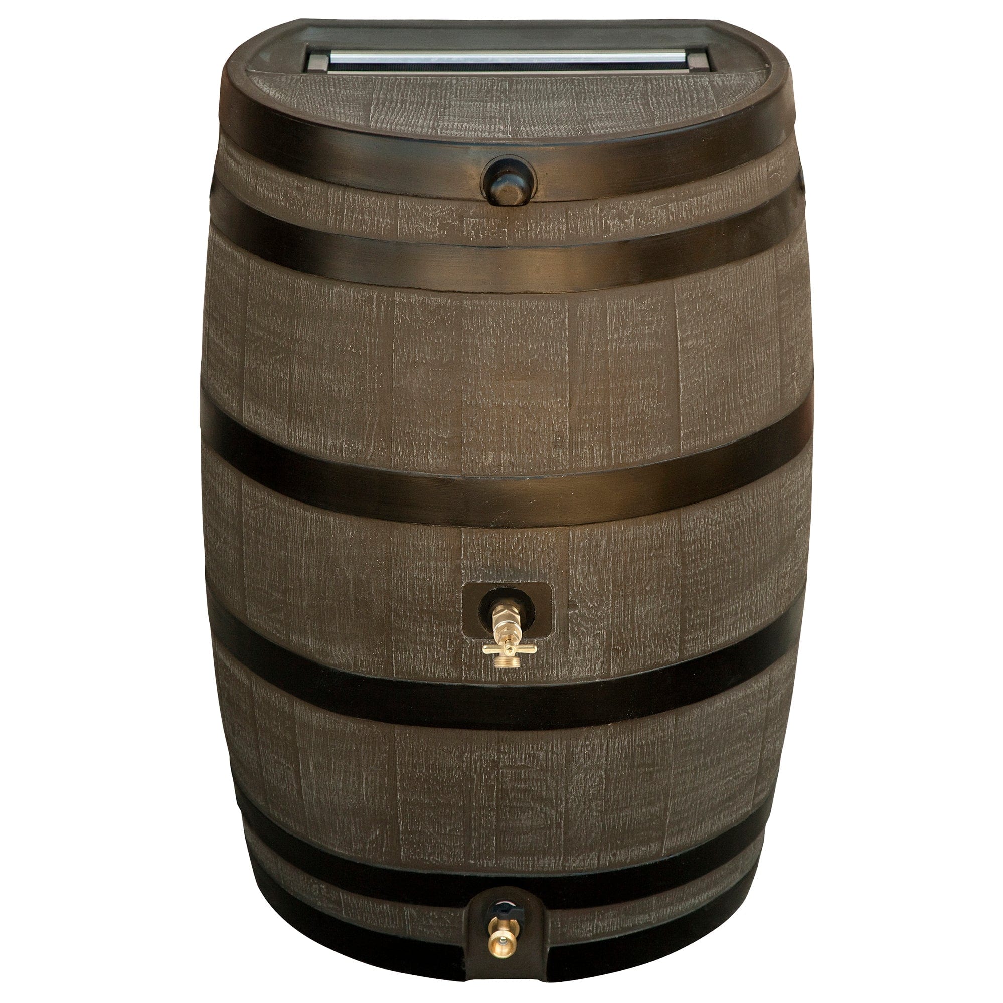 Polyethylene 50 Gallon Flat Back Dual Brass Spigot Rain Barrel Woodgrain with Black Stripes alt 0