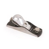 Metal hand plane with adjustable blade and rounded wooden handle on white background