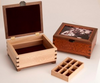 Two wooden recipe boxes with dovetail joints, one open showing interior and a removable compartment tray beside it.