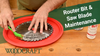 Hands cleaning saw blade teeth with a small brush on a red tray, labeled Thin-Kerf Woodworx in a woodworking workshop.