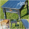 End table before and after refinishing with dark blue paint and brass drawer pull outdoors on grass.