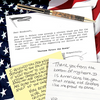 Handcrafted pen with American flag and thank-you letters for Turn for Troops woodworking project