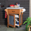 Mobile wooden grill cart with drawer, cabinet, paper towel holder, and butcher block top