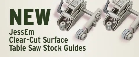 JessEm Clear-Cut Surface Table Saw Stock Guides with 'NEW' text on a white background