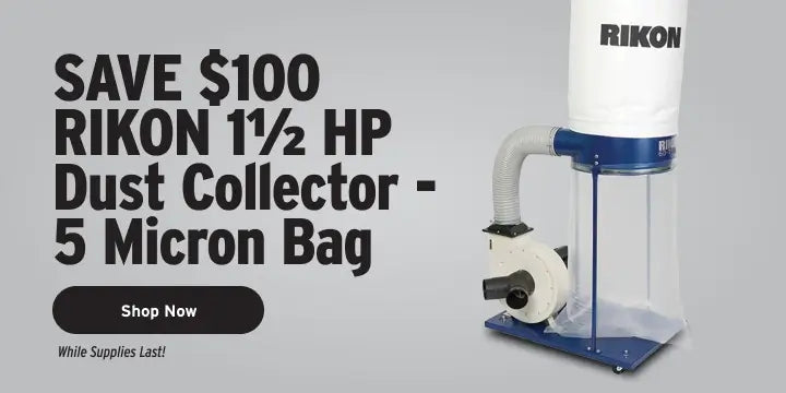 Rikon dust collector with promotional text on a gray background