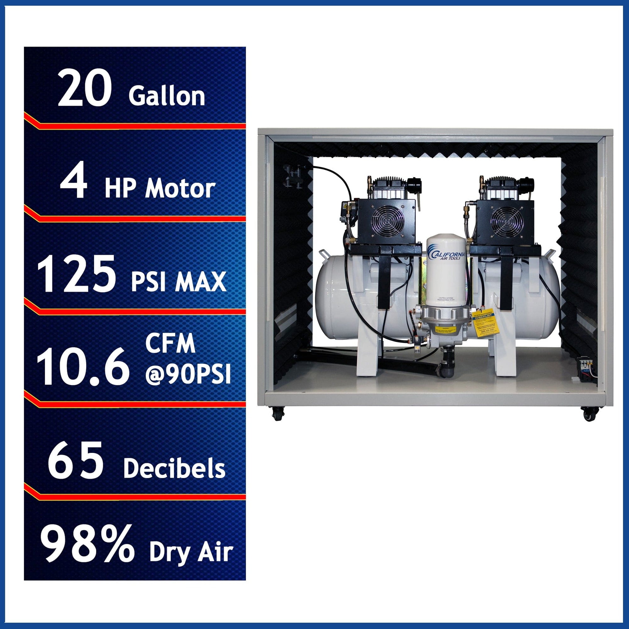 4HP 20 Gallon Oil-Free Compressor with Air Drying System and Auto Drain Valve in Soundproof Cabinet alt 0