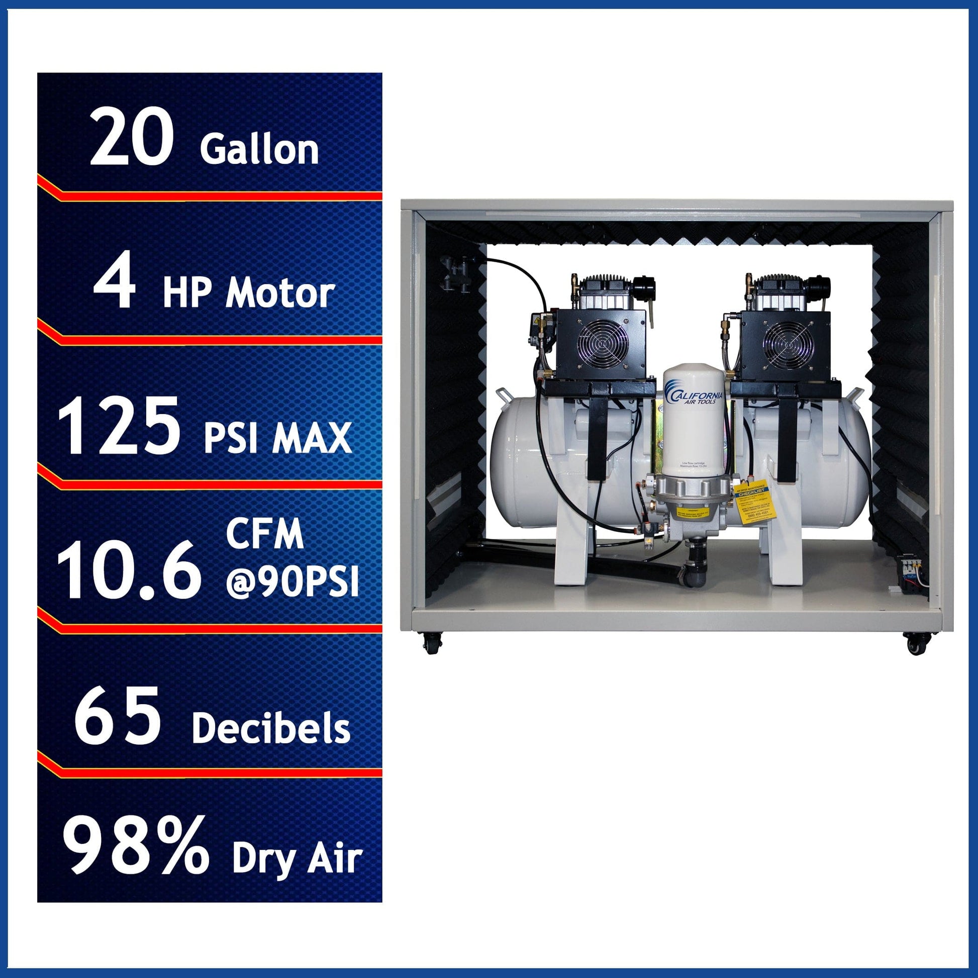 4HP 20 Gallon Oil-Free Compressor with Air Drying System and Auto Drain Valve in Soundproof Cabinet alt 0