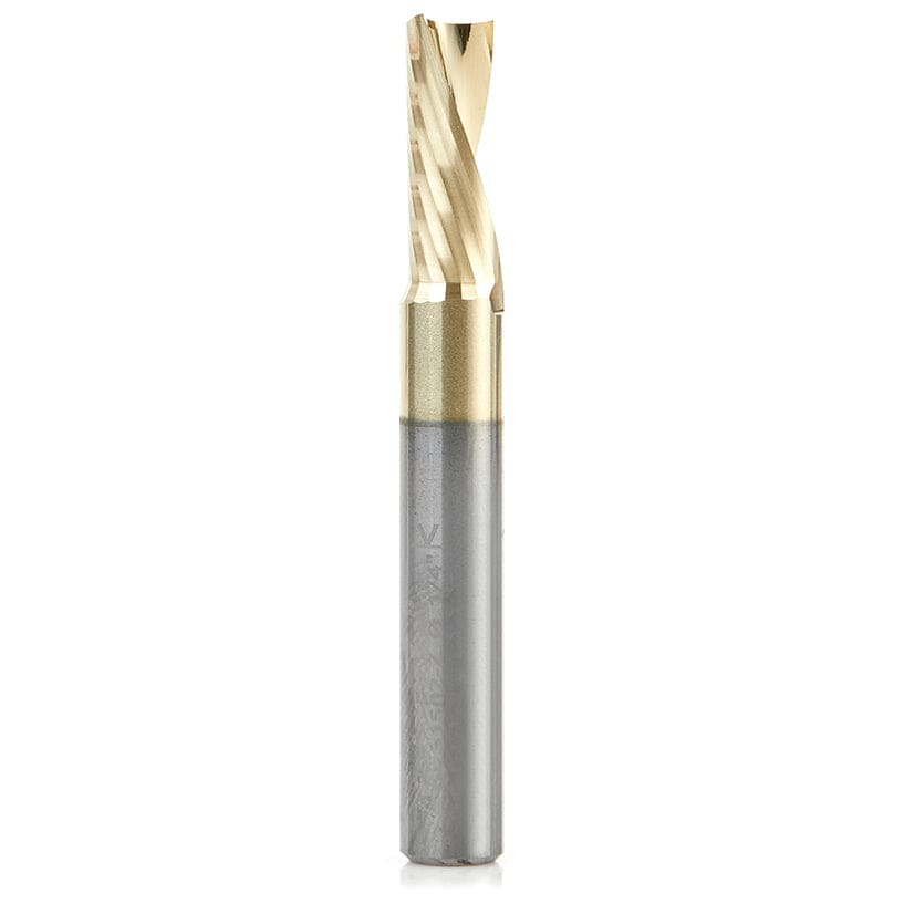 51502-Z Spiral O Single Flute ZrN Coated Aluminum Cutting Up-Cut Mirror Finish Router Bit 1/4"D 5/8"CH 1/4"SH 2"OL alt 0