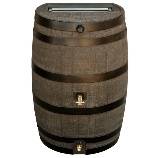 Polyethylene 50 Gallon Flat Back Dual Brass Spigot Rain Barrel Woodgrain with Black Stripes alt 0