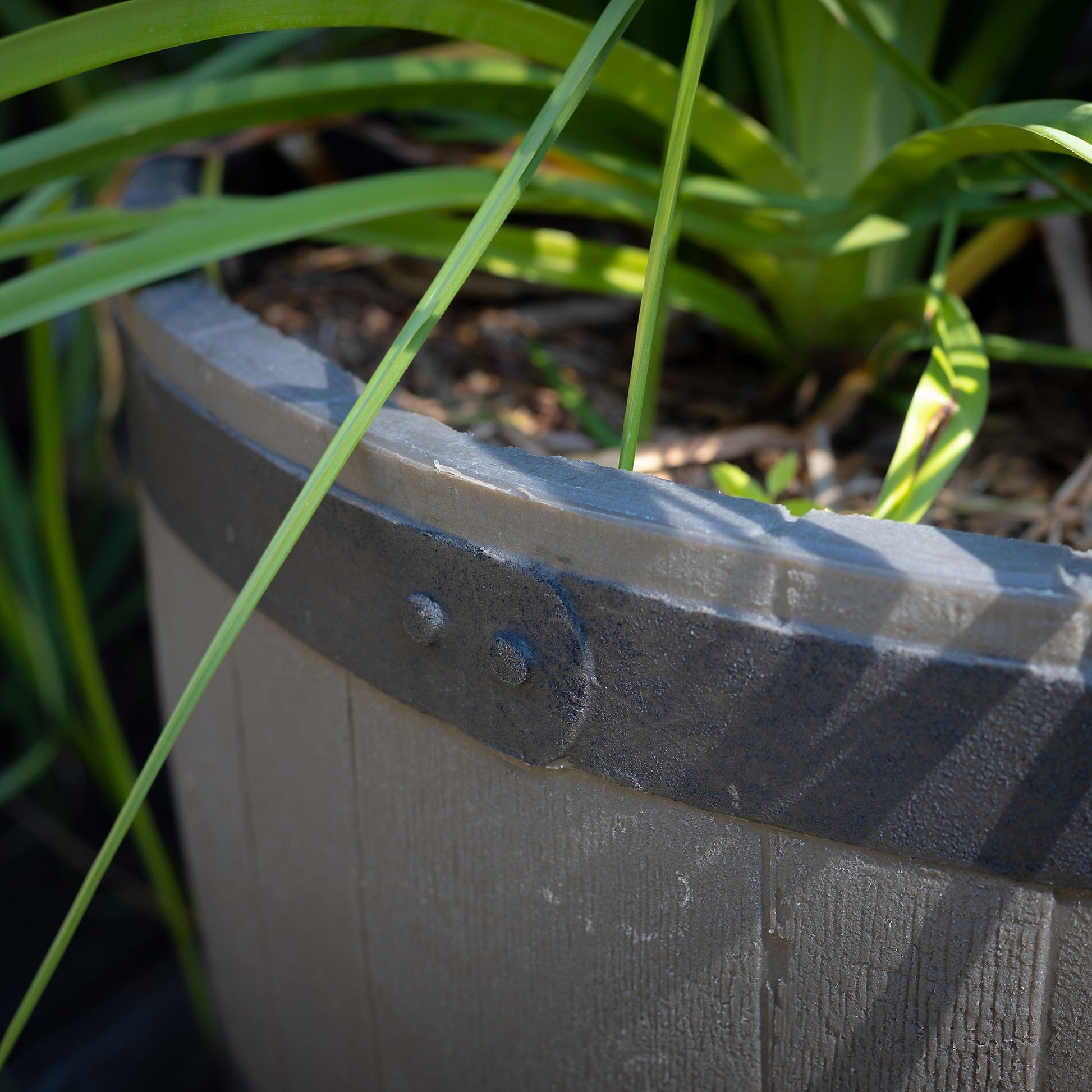 Polyethylene Whiskey Barrel Planter Brown Woodgrain with Black Stripes alt 0