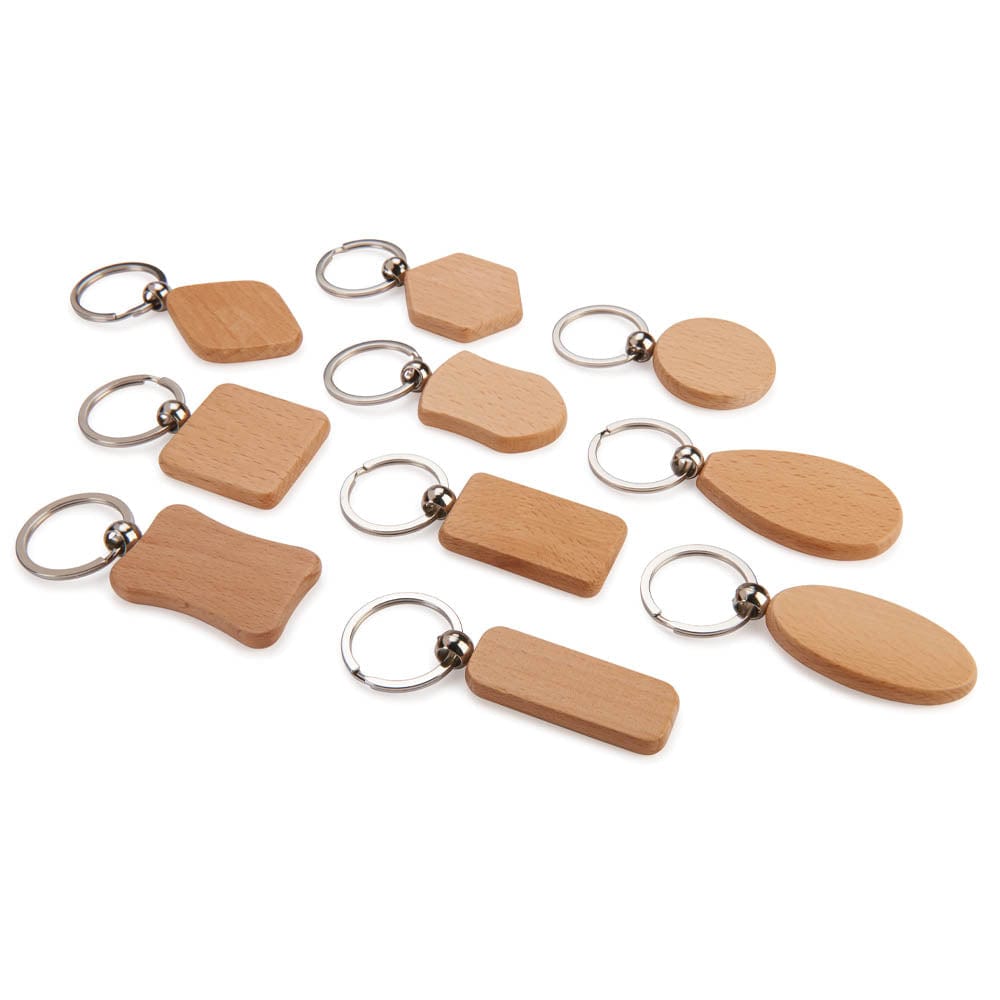 Engravable Mixed Shape Wooden Key Chains - 10 Piece