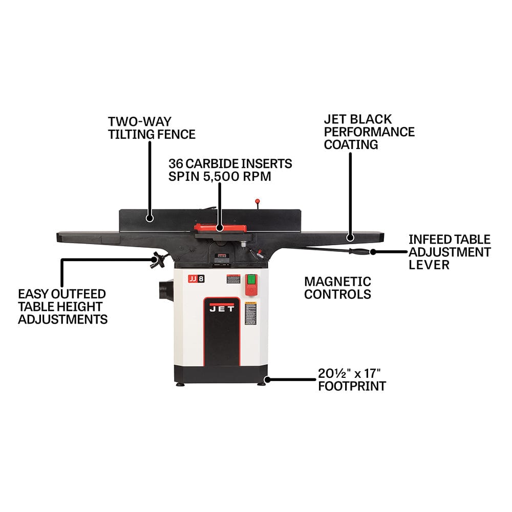 Jet Black 8" Helical Head Jointer 2HP, 1PH, 230V (JWJ-8HH-BLK)