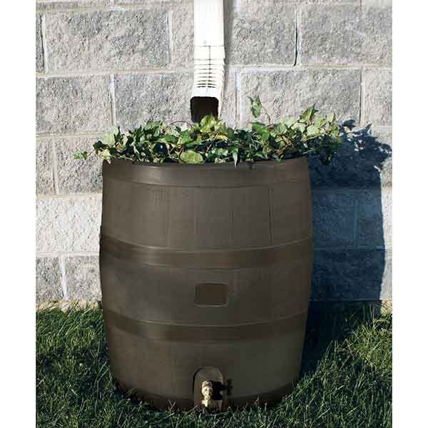 Round Rain Barrel with Planter, 35 gallon, Mud alt 0